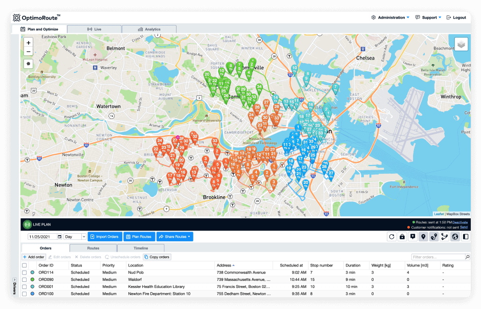 Easily distinguish each drivers route and number of stops