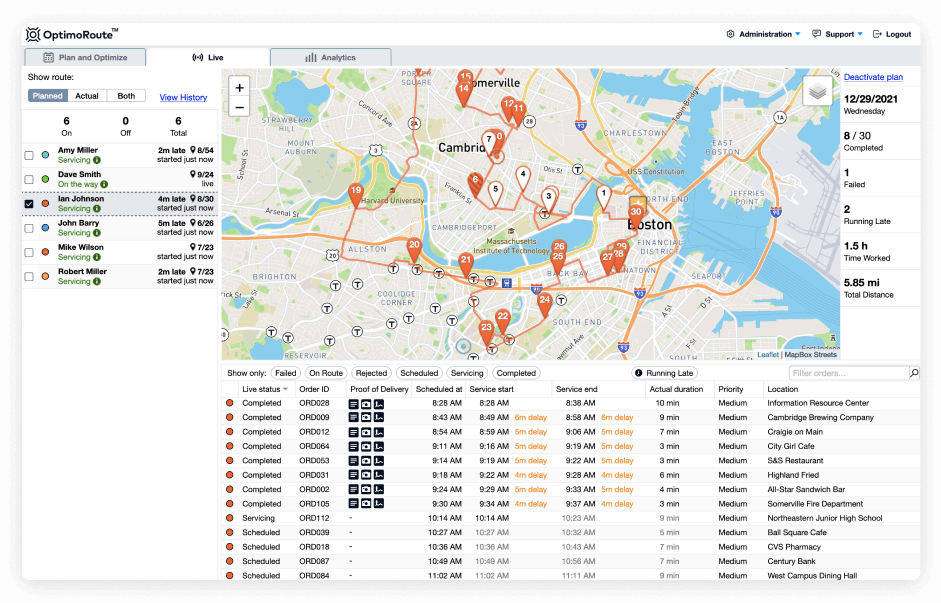 Live route updates and driver status available