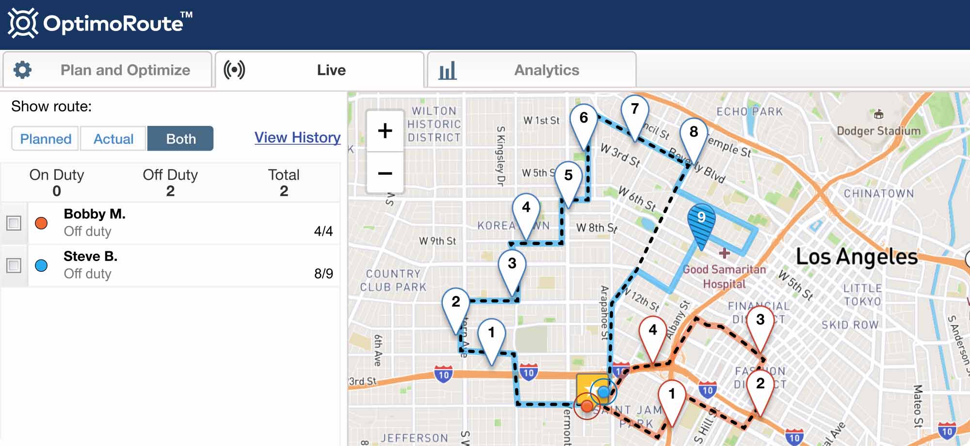OptimoRoute - Breadcrumbs trails let you see where drivers have deviated from planned routes
