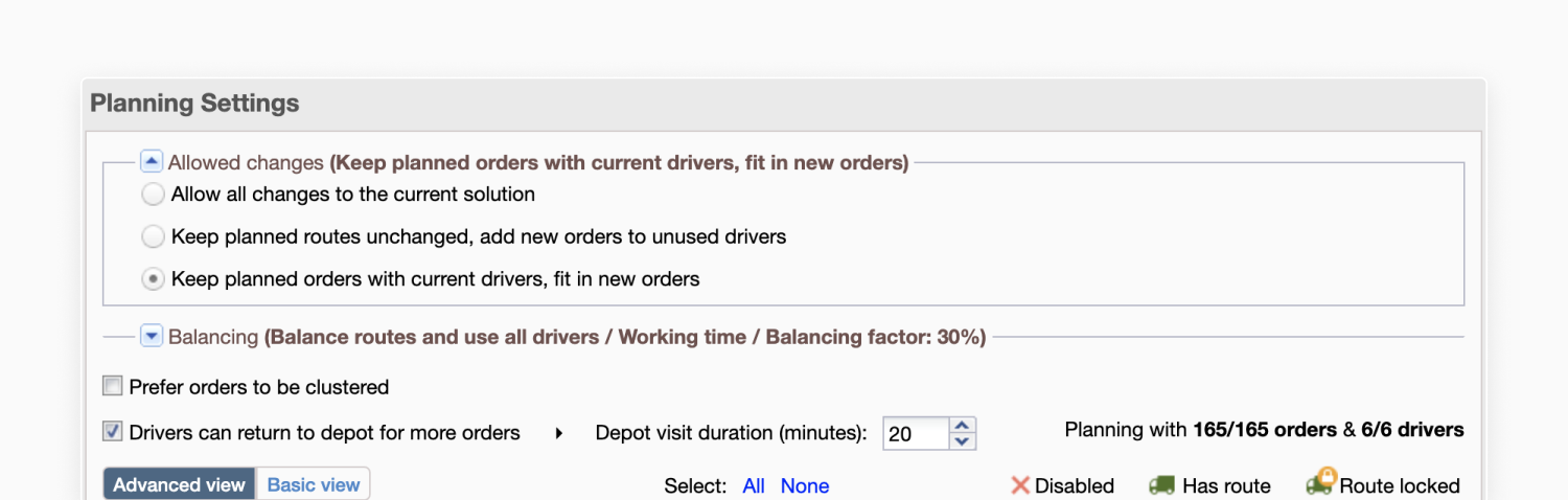 OptimoRoute Planning Settings