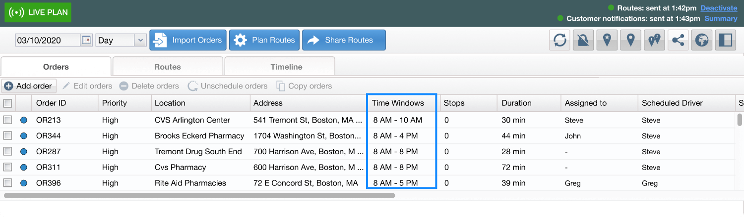 OptimoRoute Software - Time Windows in Order List